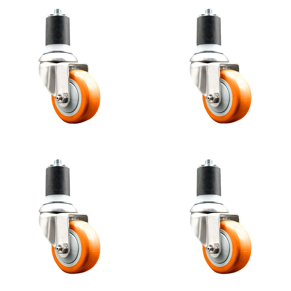 Polyurethane Swivel Stem Caster with 3.5 in. Orange Caster Wheels, 1.75 in. Expanding Stems - 316 Stainless Steel Casters - Set of 4