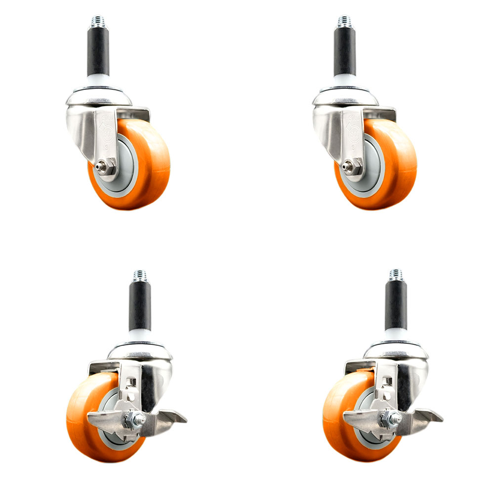 Polyurethane Swivel Stem Caster with 3.5 in. Orange Caster Wheels, 0.87 in. Expanding Stems - 316 Stainless Steel Casters - Set of 4