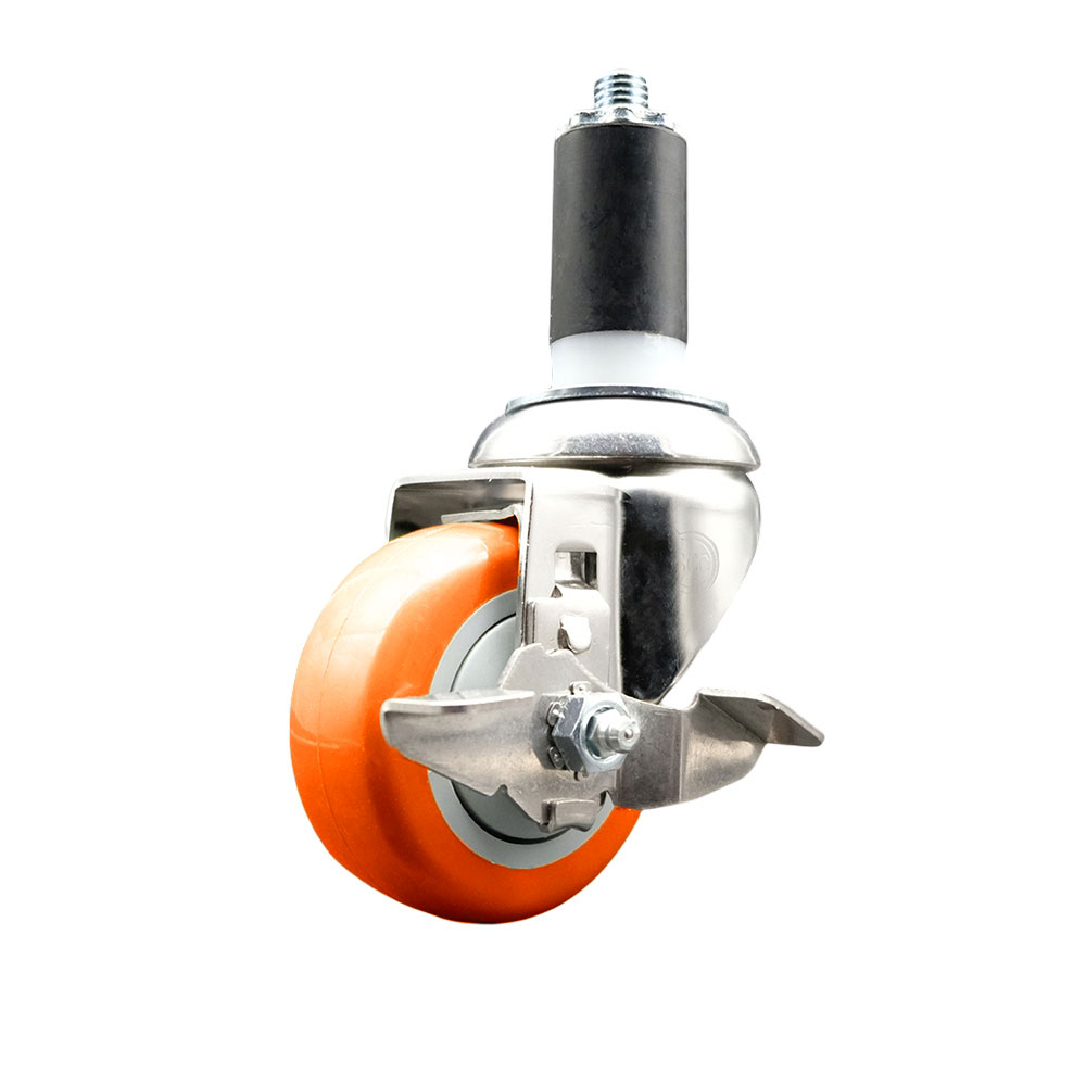 Polyurethane Swivel Stem Caster with 3.5 in. Orange Caster Wheels & Top Lock Brake, 1.38 in. Expanding Stem - 316 Stainless Steel Caster