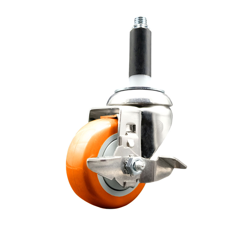 Polyurethane Swivel Stem Caster with 3.5 in. Orange Caster Wheels & Top Lock Brake, 0.75 in. Expanding Stem - 316 Stainless Steel Caster