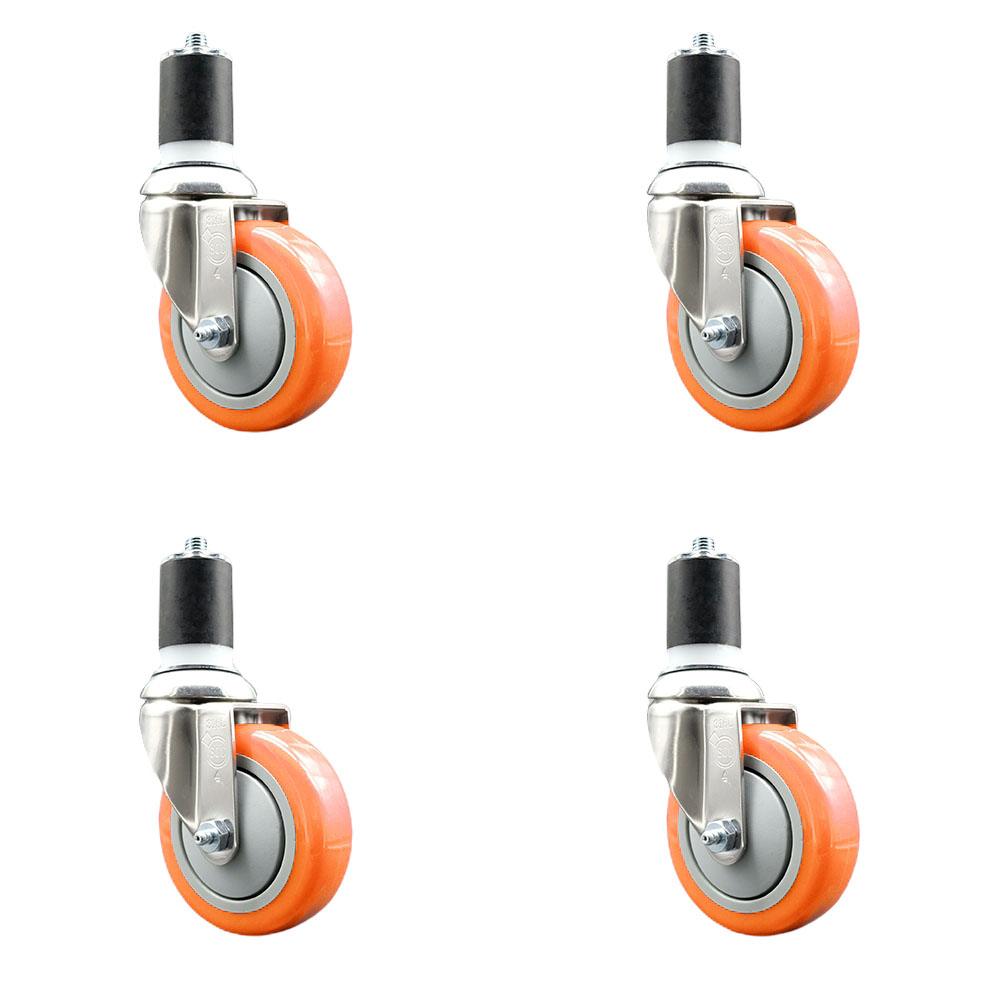 Polyurethane Swivel Stem Caster with 4 in. Orange Caster Wheels, 1.75 in. Expanding Stems - 316 Stainless Steel Casters - Set of 4