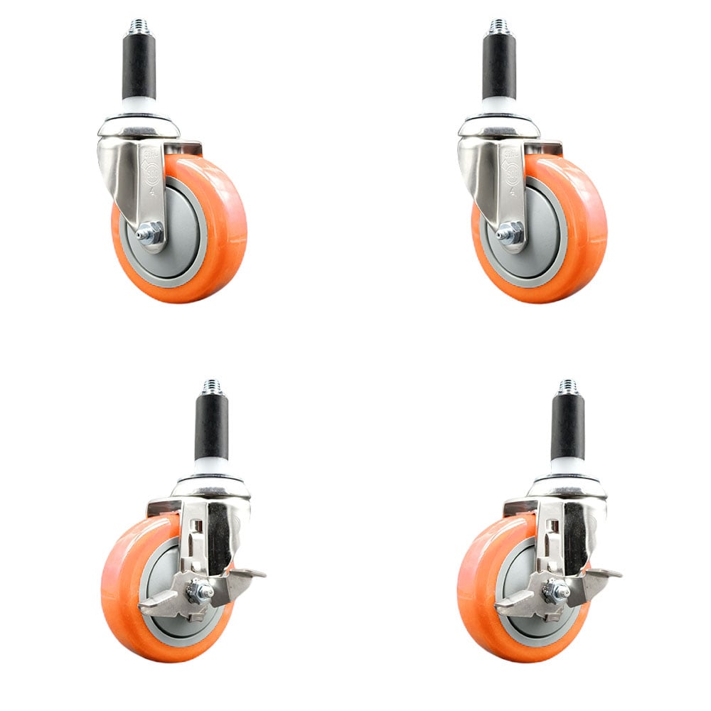 Polyurethane Swivel Stem Caster with 4 in. Orange Caster Wheels, 1 in. Expanding Stems - 316 Stainless Steel Casters - Set of 4