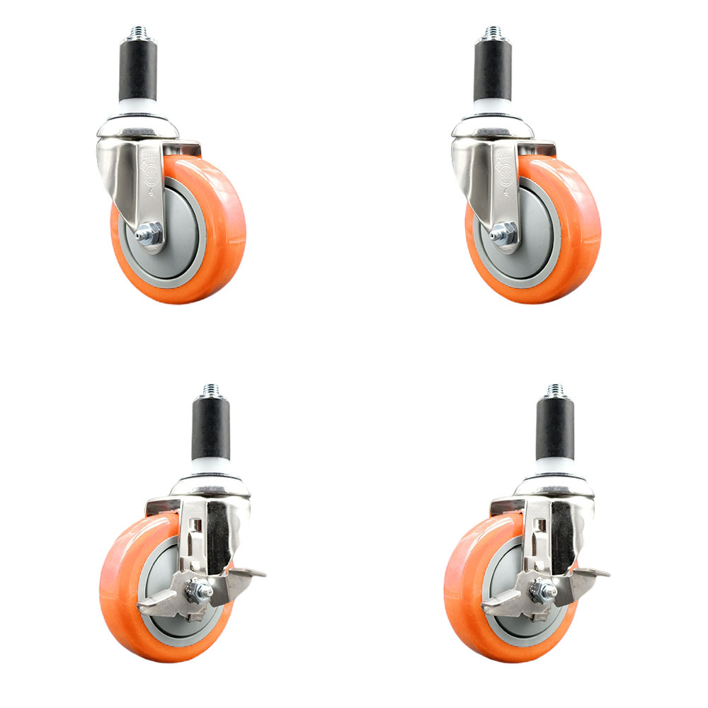 Polyurethane Swivel Stem Caster with 4 in. Orange Caster Wheels, 1.25 in. Expanding Stems - 316 Stainless Steel Casters - Set of 4