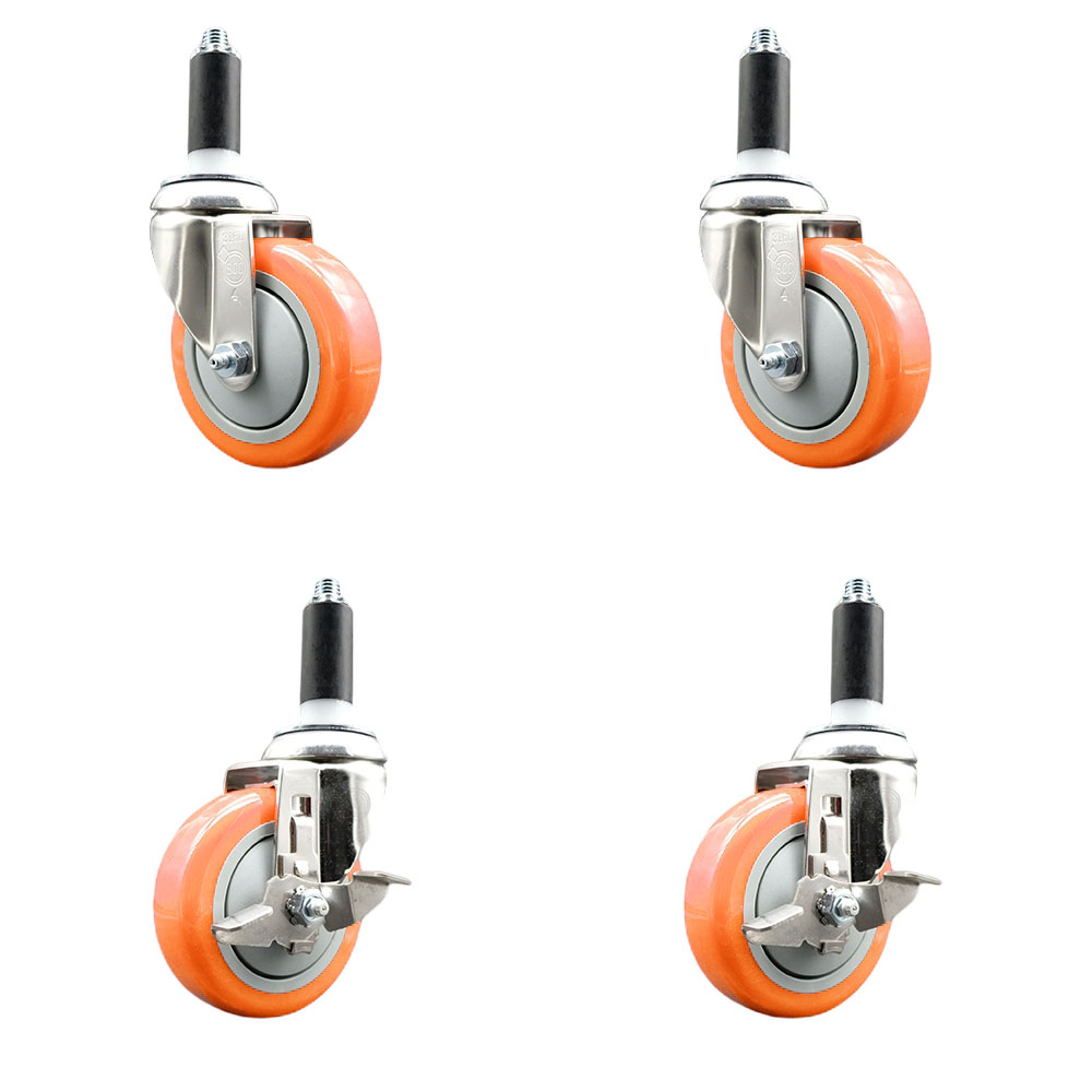 Polyurethane Swivel Stem Caster with 4 in. Orange Caster Wheels, 1.13 in. Expanding Stems - 316 Stainless Steel Casters - Set of 4