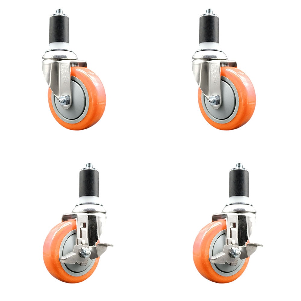 Polyurethane Swivel Stem Caster with 4 in. Orange Caster Wheels, 1.63 in. Expanding Stems - 316 Stainless Steel Casters - Set of 4