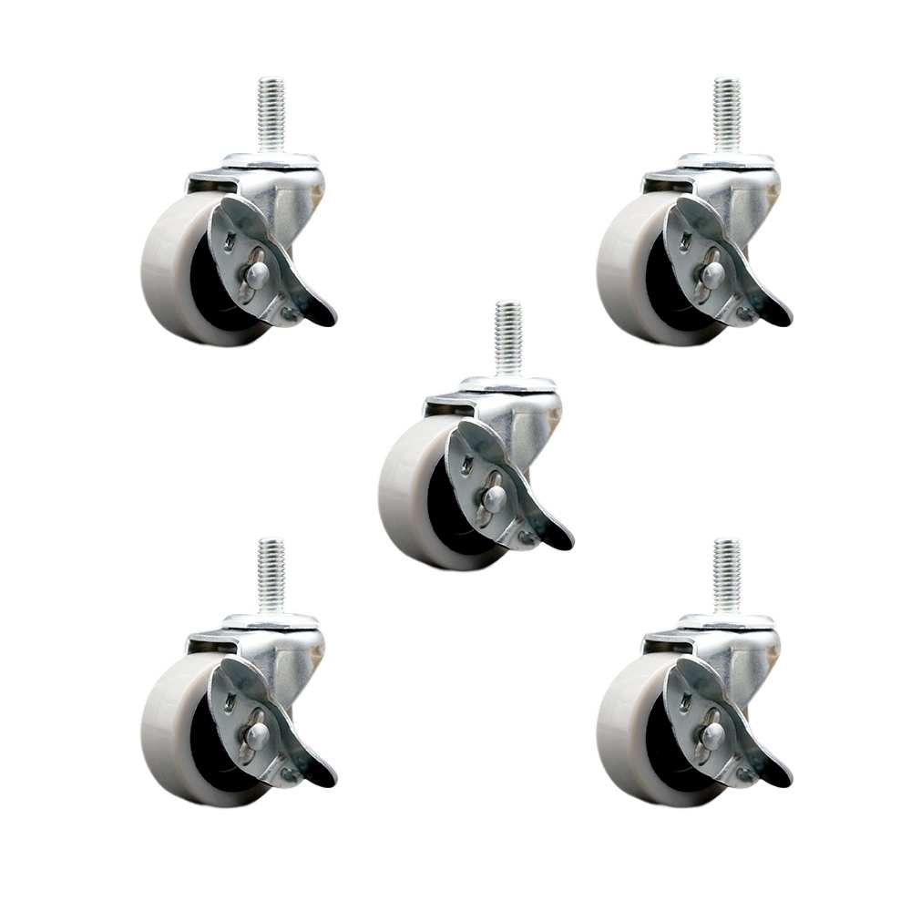 SCC-TS05S210-TPUS-SLB-381610-5 2 in. Swivel Polyurethane Caster Wheels &0.375 in. 16 TPI x 1 in. Threaded Stem Caster & Brake - Set of 5