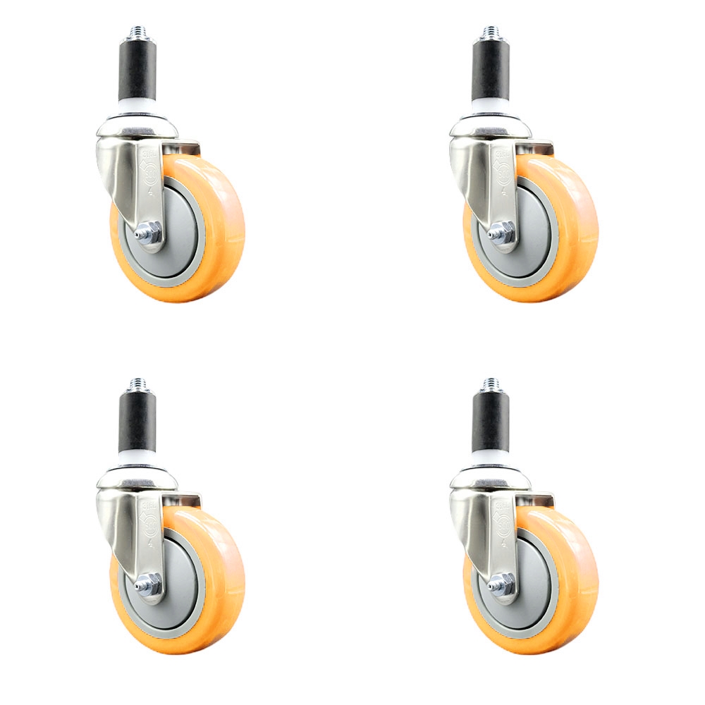 Polyurethane Swivel Stem Caster with 4 in. Yellow Caster Wheels, 1.25 in. Expanding Stems - 316 Stainless Steel Casters - Set of 4