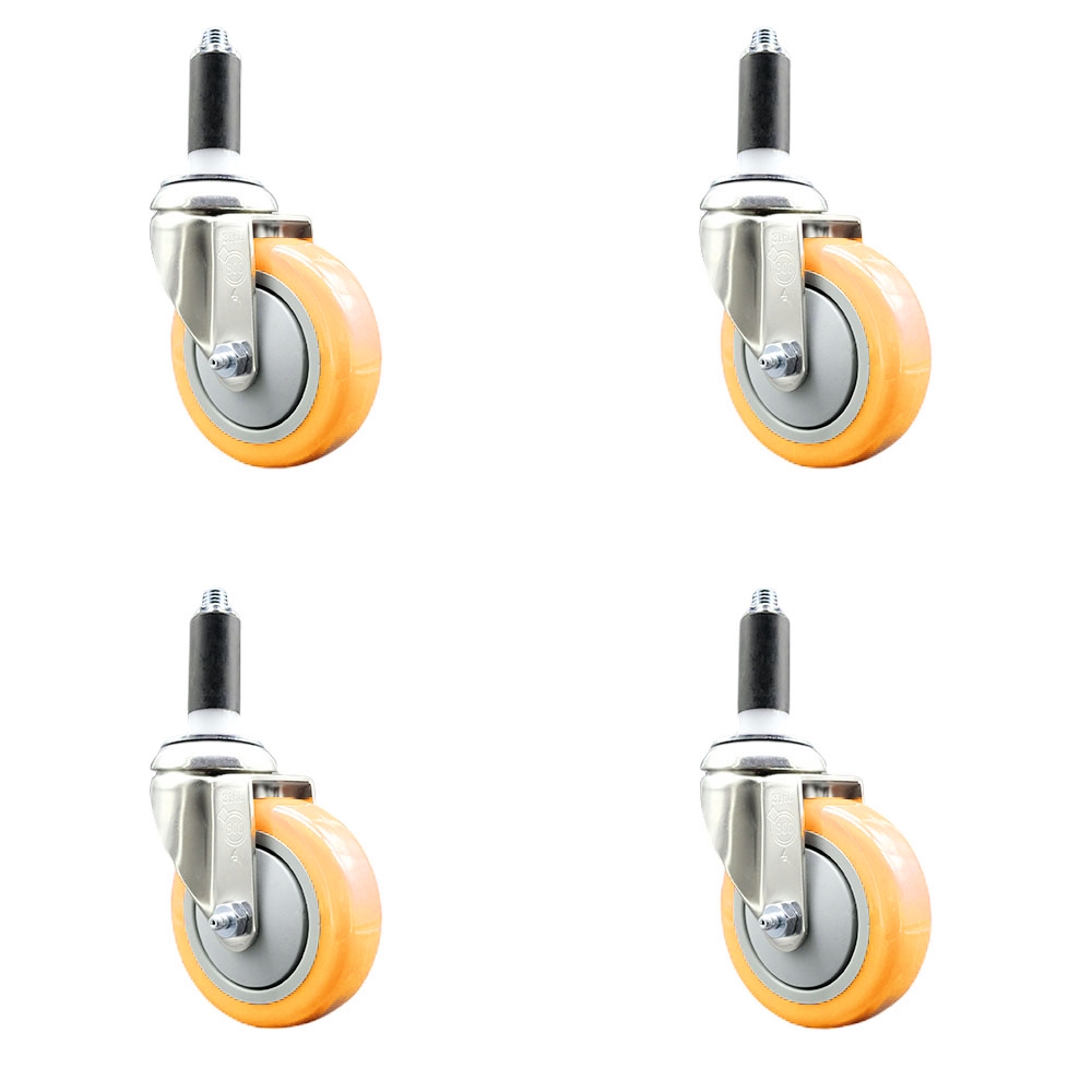 Polyurethane Swivel Stem Caster with 4 in. Yellow Caster Wheels, 1.13 in. Expanding Stems - 316 Stainless Steel Casters - Set of 4