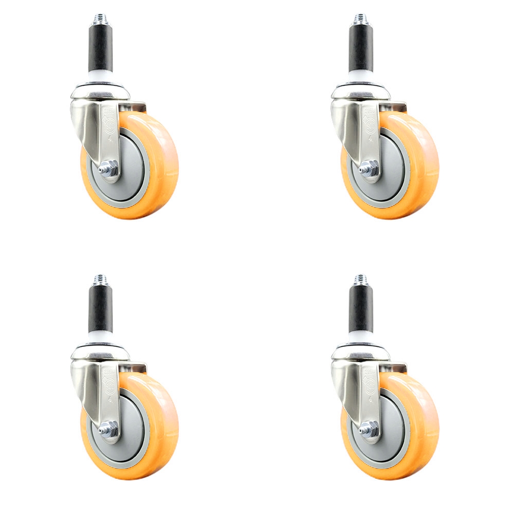 Polyurethane Swivel Stem Caster with 4 in. Yellow Caster Wheels, 1 in. Expanding Stems - 316 Stainless Steel Casters - Set of 4