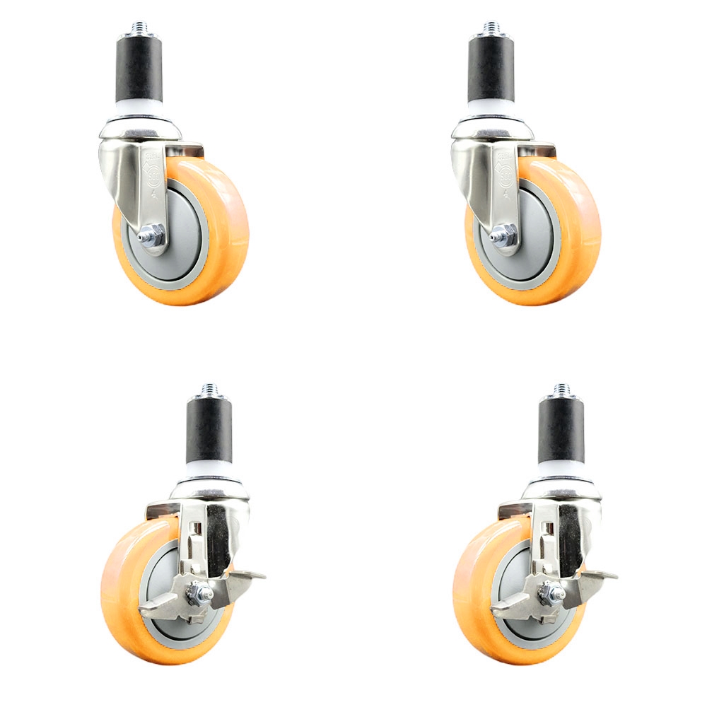Polyurethane Swivel Stem Caster with 4 in. Yellow Caster Wheels, 1.63 in. Expanding Stems - 316 Stainless Steel Casters - Set of 4