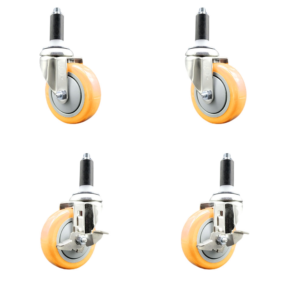 Polyurethane Swivel Stem Caster with 4 in. Yellow Caster Wheels, 1.13 in. Expanding Stems - 316 Stainless Steel Casters - Set of 4