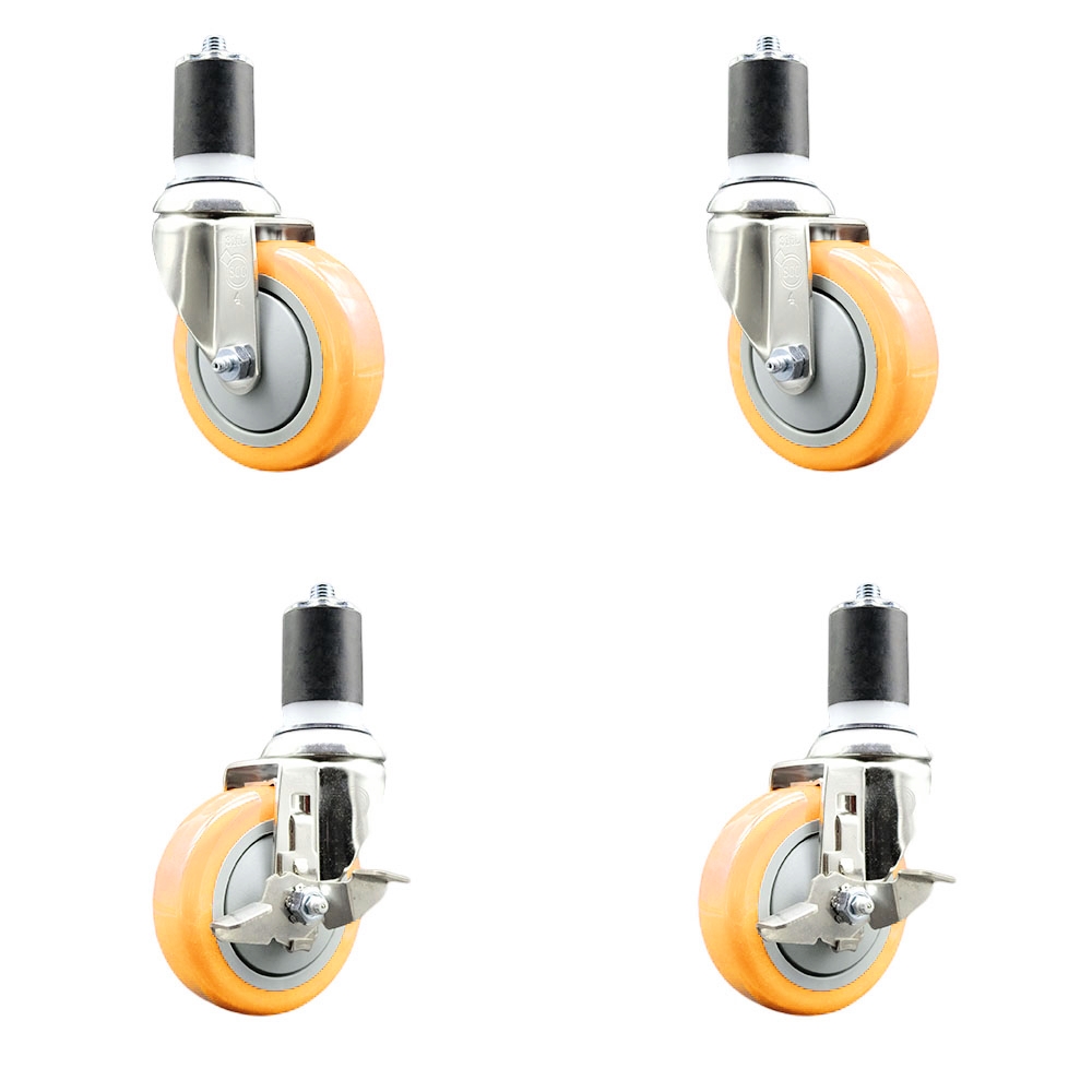 Polyurethane Swivel Stem Caster with 4 in. Yellow Caster Wheels, 1.75 in. Expanding Stems - 316 Stainless Steel Casters - Set of 4