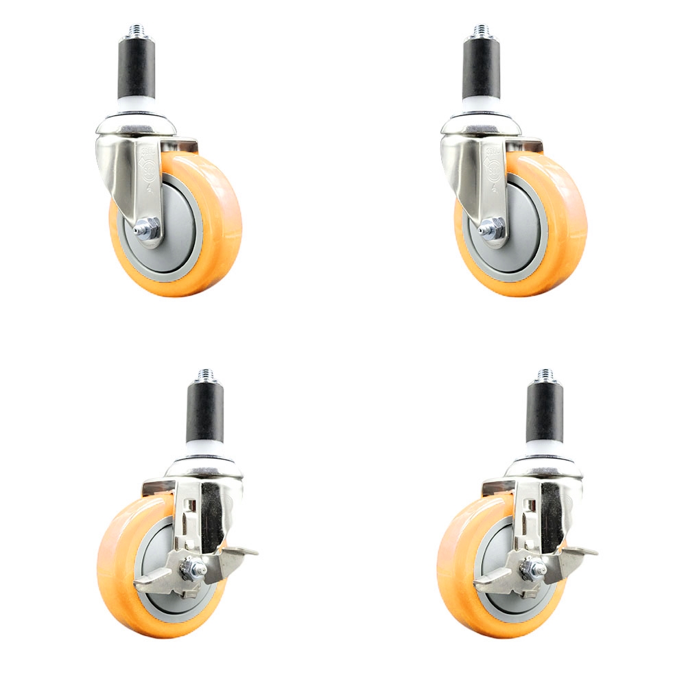 Polyurethane Swivel Stem Caster with 4 in. Yellow Caster Wheels, 1.38 in. Expanding Stems - 316 Stainless Steel Casters - Set of 4