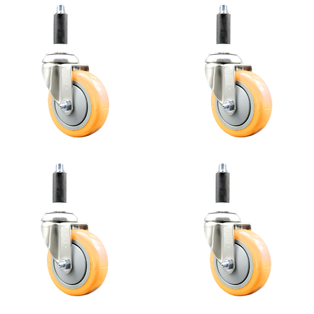 Polyurethane Swivel Stem Caster with 4 in. Yellow Caster Wheels, 0.75 in. Expanding Stems - 316 Stainless Steel Casters - Set of 4