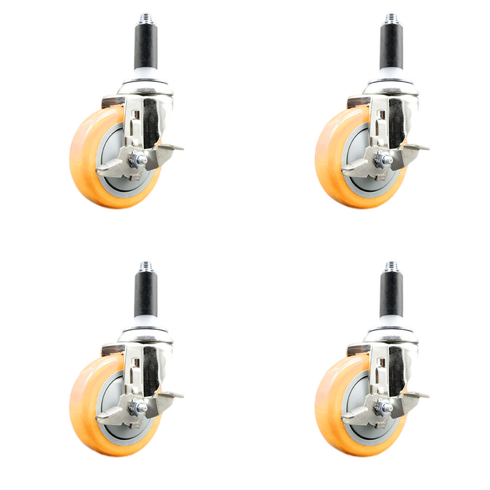 Polyurethane Swivel Stem Caster with 4 in. Yellow Caster Wheels, 1 in. Expanding Stems - 316 Stainless Steel Casters - Set of 4