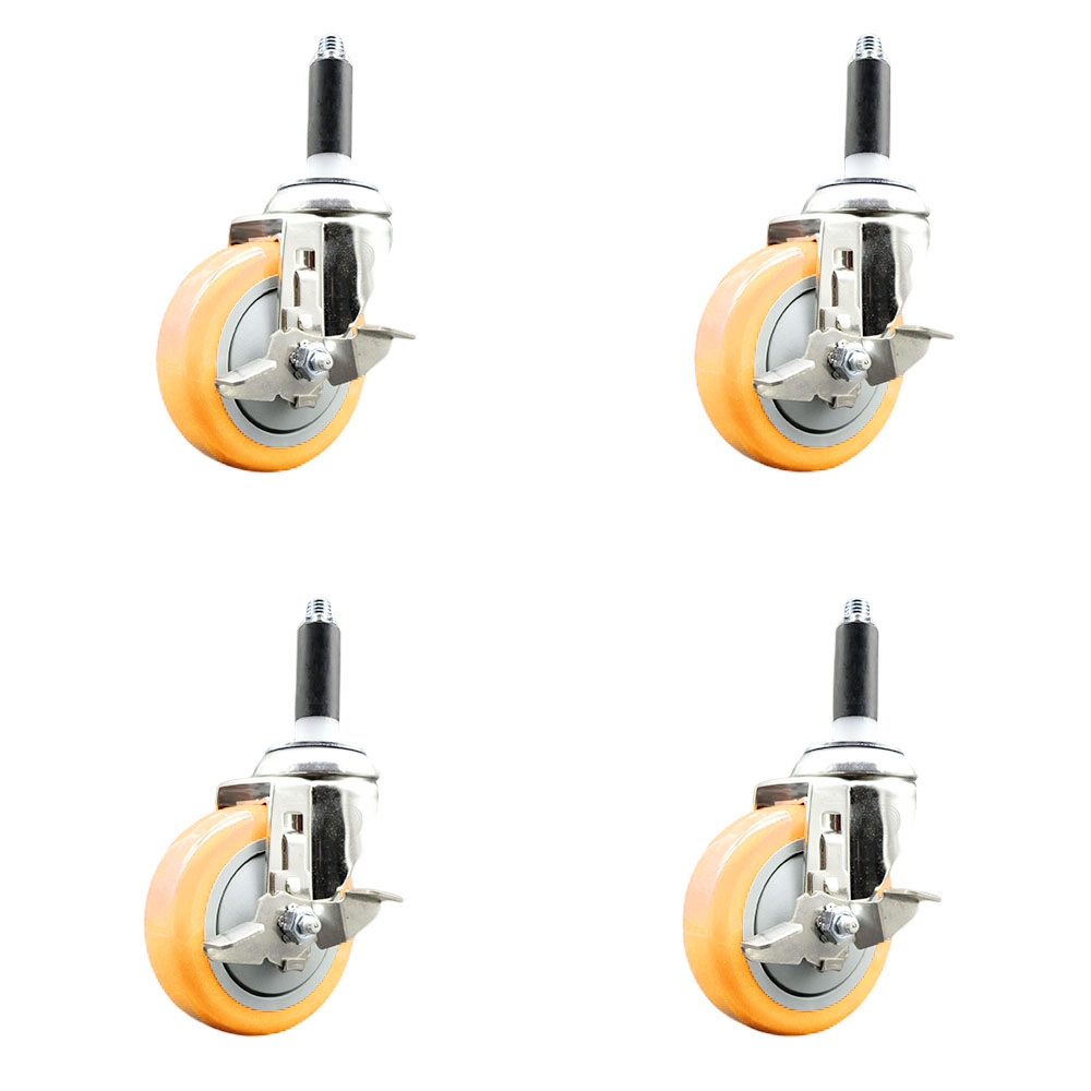 Polyurethane Swivel Stem Caster with 4 in. Yellow Caster Wheels, 0.87 in. Expanding Stems - 316 Stainless Steel Casters - Set of 4