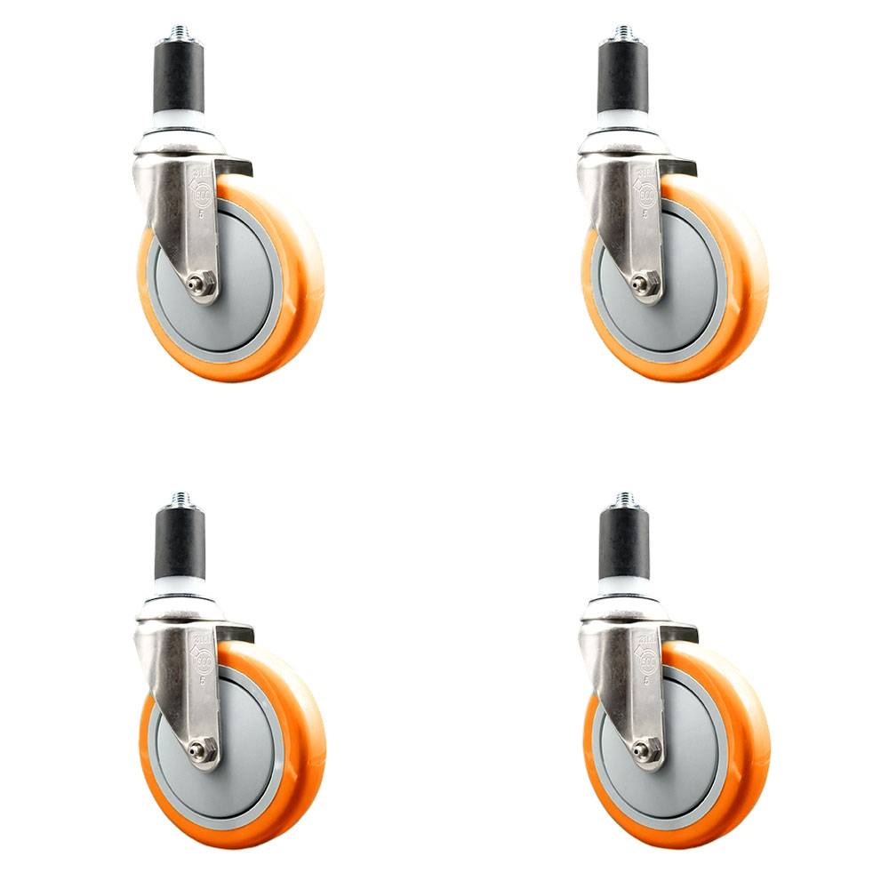 Polyurethane Swivel Stem Caster with 5 in. Orange Caster Wheels, 1.5 in. Expanding Stems - 316 Stainless Steel Casters - Set of 4