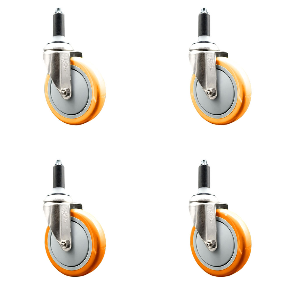 Polyurethane Swivel Stem Caster with 5 in. Orange Caster Wheels, 1.13 in. Expanding Stems - 316 Stainless Steel Casters - Set of 4