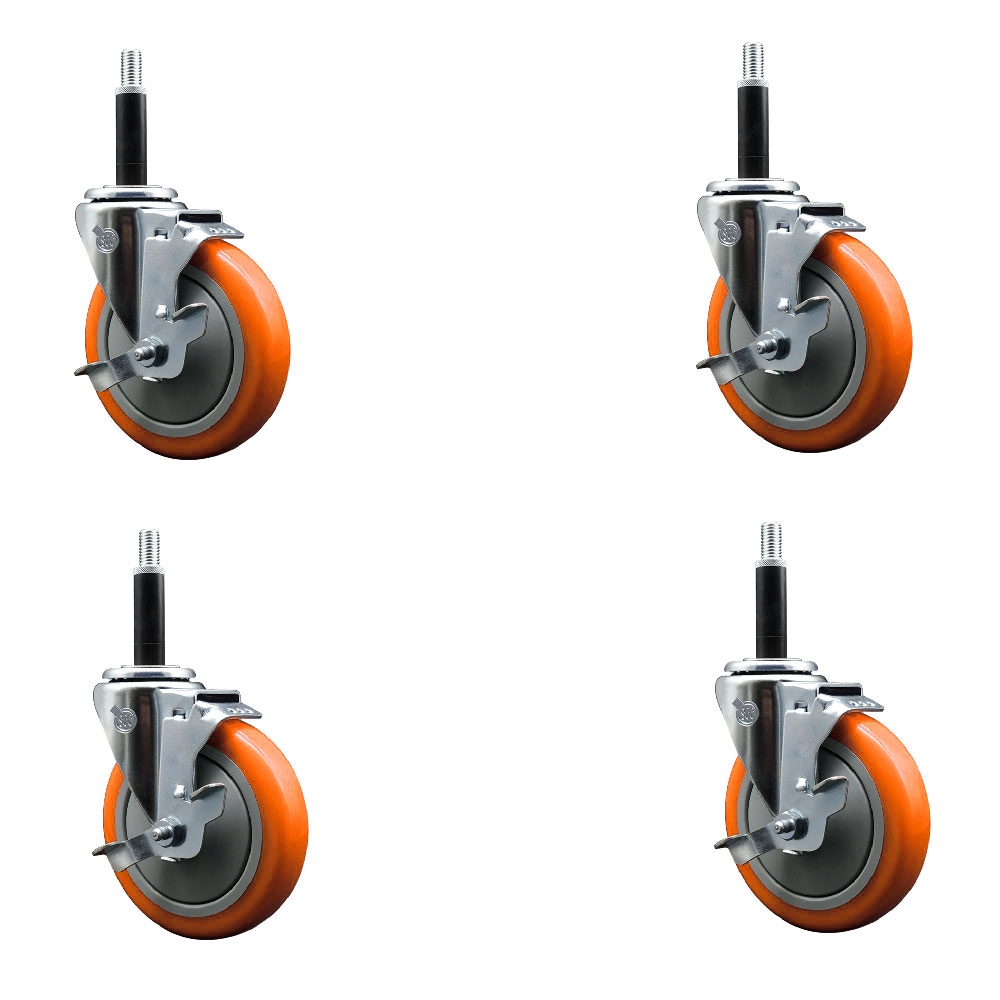 Polyurethane Swivel Stem Caster with 5 in. Orange Caster Wheels, 0.75 in. Expanding Stems - 316 Stainless Steel Casters - Set of 4