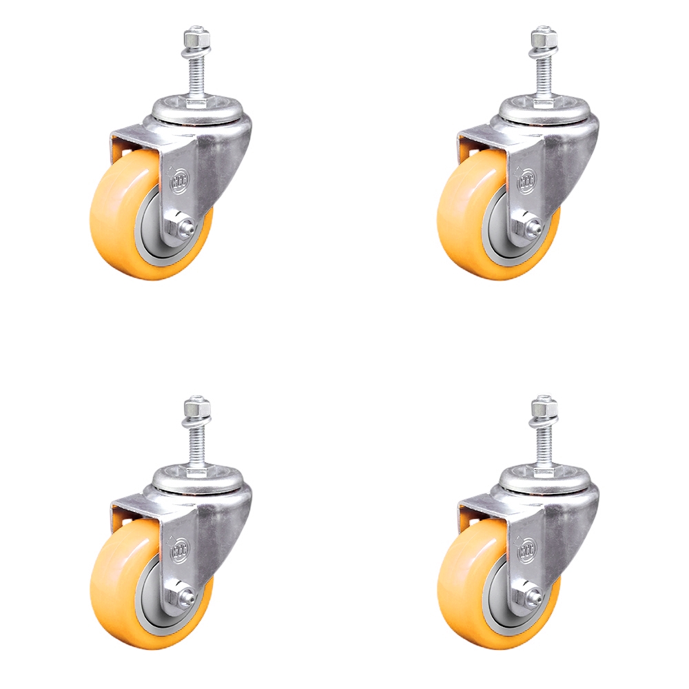Polyurethane Swivel Stem Caster with 3 in. Yellow Caster Wheels, 0.38 in. Threaded Stems - 316 Stainless Steel Casters - Set of 4