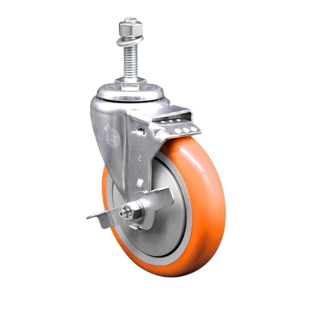 Polyurethane Swivel Stem Caster with 5 in. Orange Caster Wheels & Top Lock Brake, 10 mm Threaded Stem - 316 Stainless Steel Caster