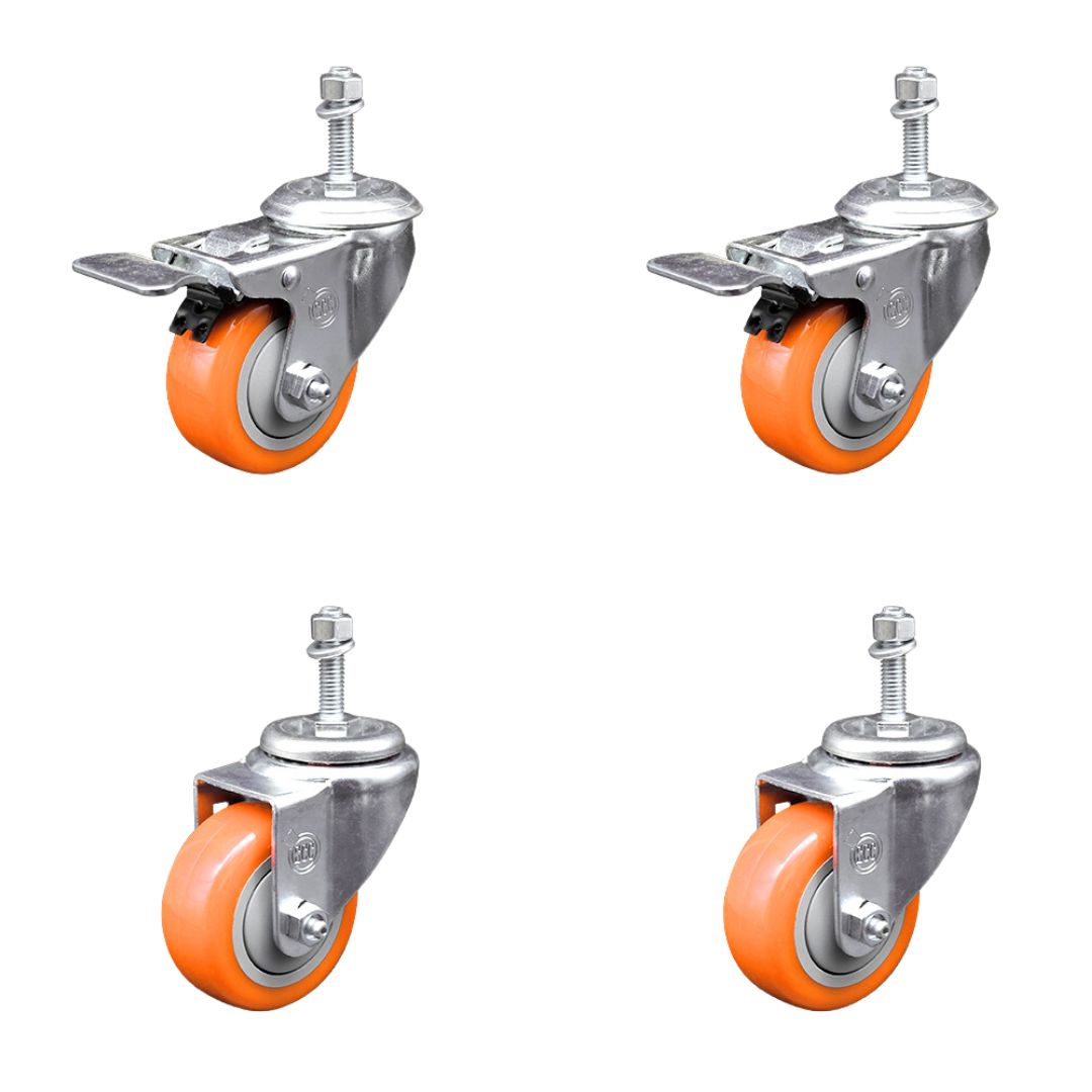 Poly Swivel Stem Caster with 3 in. Orange Caster Wheels, 10 mm Threaded Stems - 316 Stainless Steel Caster - Set of 4