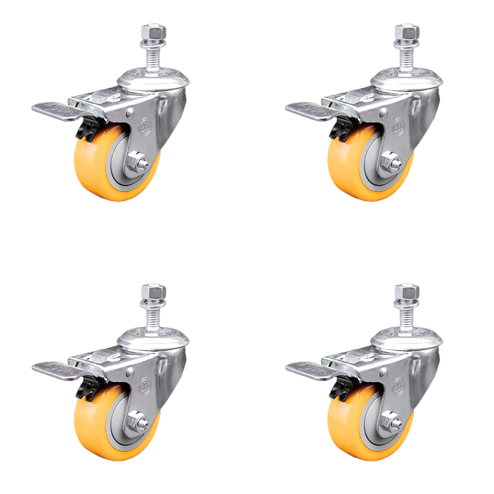 Polyurethane Swivel Stem Caster with 3 in. Yellow Caster Wheels, 0.5 in. Threaded Stems - 316 Stainless Steel Casters - Set of 4