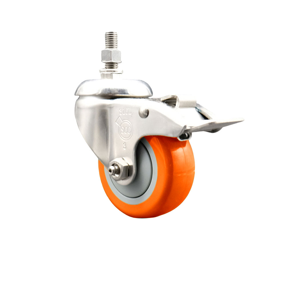 Polyurethane Swivel Stem Caster with 3.5 in. Orange Caster Wheels & Total Lock Brake, 10 mm Threaded Stem - 316 Stainless Steel Caster