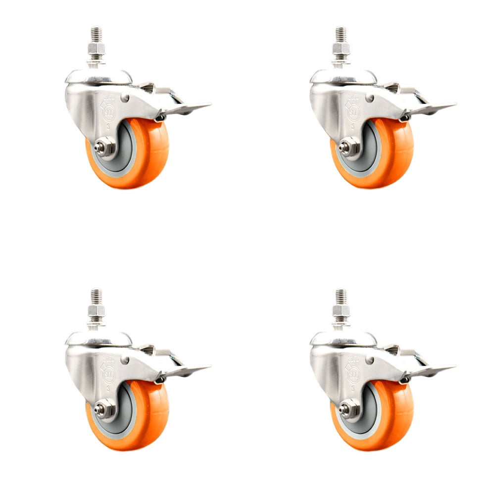 Polyurethane Swivel Stem Caster with 3.5 in. Orange Caster Wheels 10 mm Threaded Stems - 316 Stainless Steel Casters - Set of 4