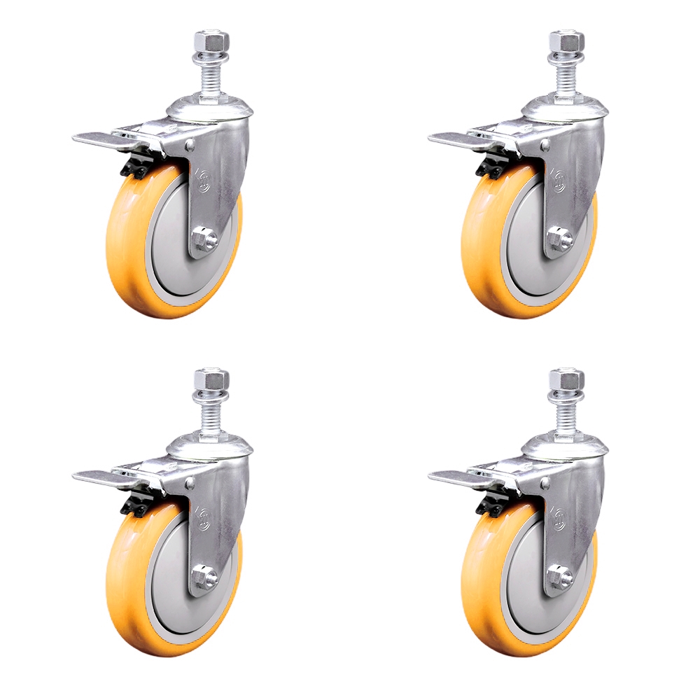 Polyurethane Swivel Stem Caster with 5 in. Yellow Caster Wheels, 0.5 in. Threaded Stems - 316 Stainless Steel Casters - Set of 4