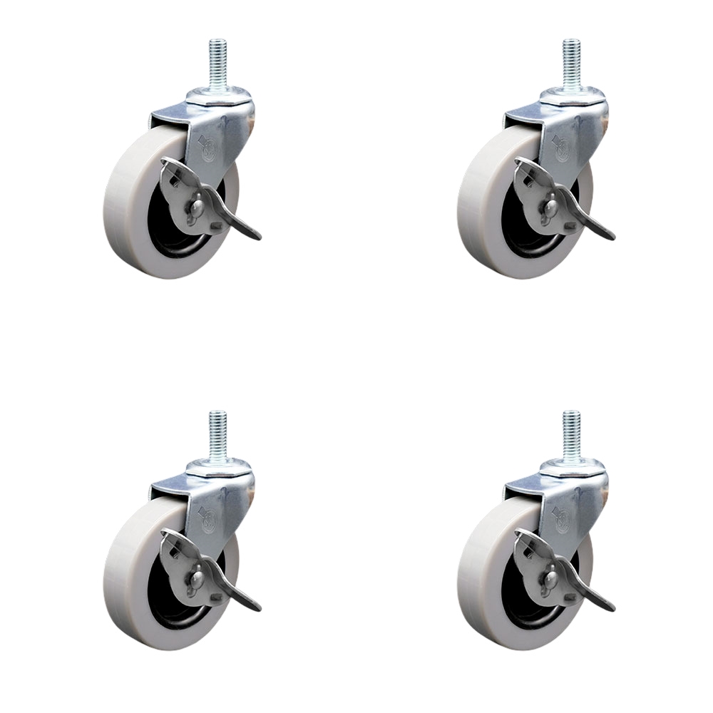 3 in. Swivel Thermoplastic Rubber Caster Wheels with 0.375 in. 16 TPI x 1.5 in. Threaded Stem Caster & Brake - Set of 4