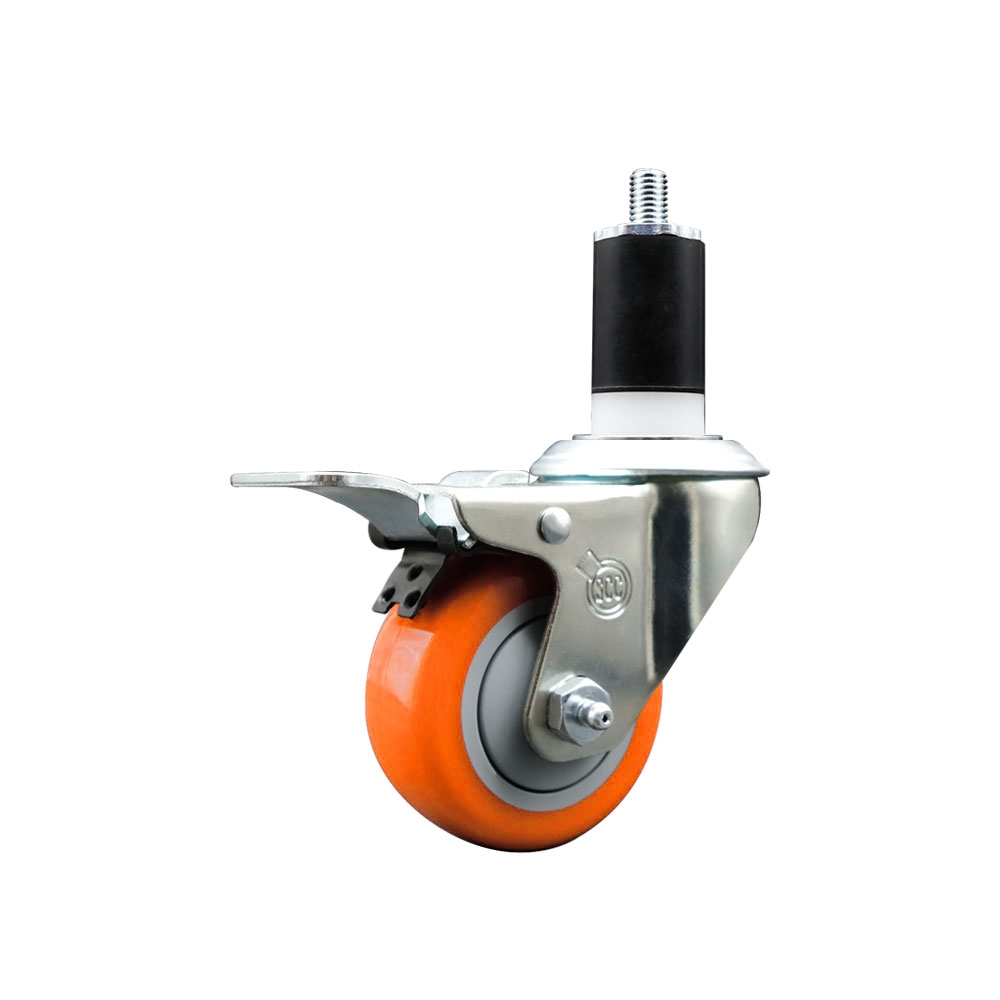 SCC-SSEXTTL20S314-PPUB-ORG-112 Stainless Steel Polyurethane Expanding Stem Swivel Caster with 3 in. Orange Wheel & 1.5 in. Stem & Total Locking Brake