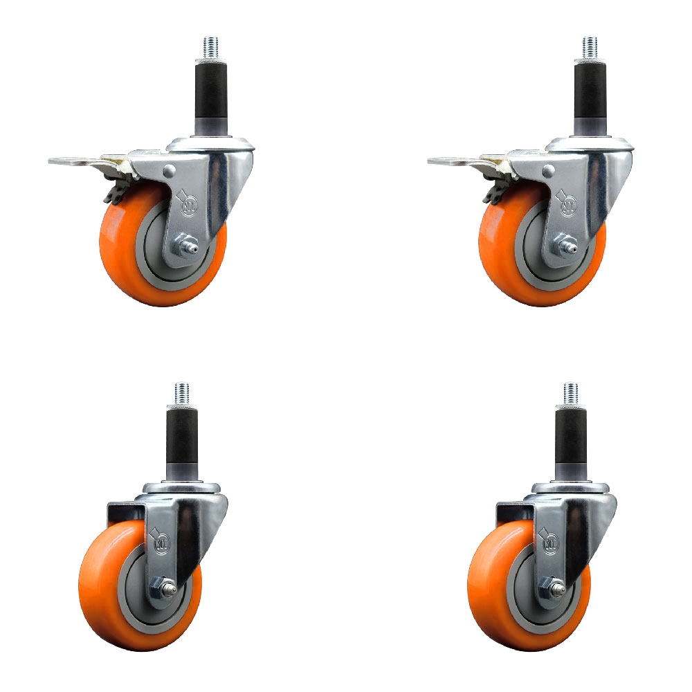 SCC-SSEXTTL20S3514-PPUBORG-2-S-2-118 Stainless Steel Polyurethane Swivel Expanding Stem Caster with 3.5 in. Orange Wheels & 1.13 in. Stems - Set of 4