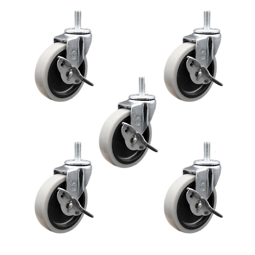 4 in. Swivel Thermoplastic Rubber Caster Wheels with 0.31 in. 18 TPI x 1.5 in. Threaded Stem Caster & Brake - Set of 5