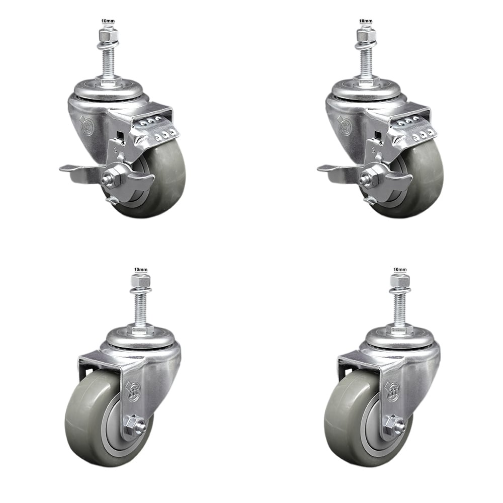 Stainless Steel Polyurethane Swivel Threaded Stem Caster with 3 x 1.25 in. Orange Wheels & 10 mm Stems - Set of 4
