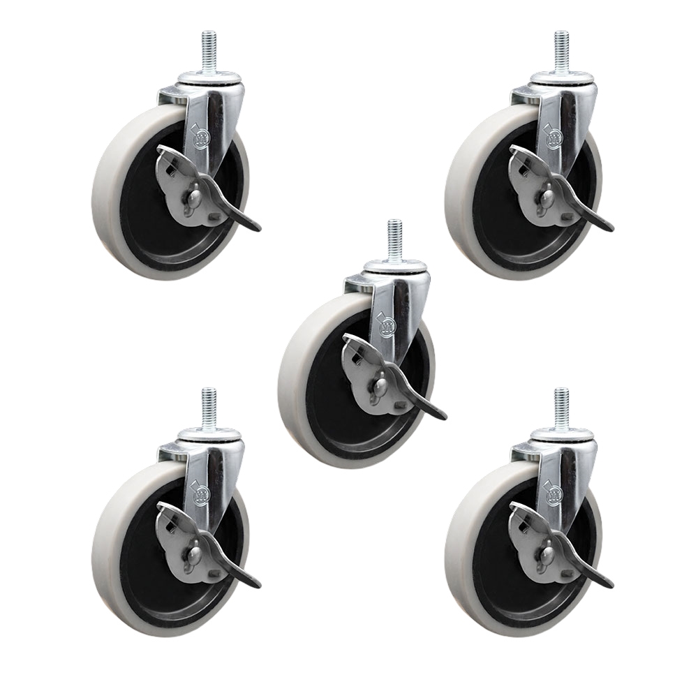 5 in. Swivel Thermoplastic Rubber Caster Wheels with 0.31 in. 18 TPI x 1.5 in. Threaded Stem Caster & Brake - Set of 5