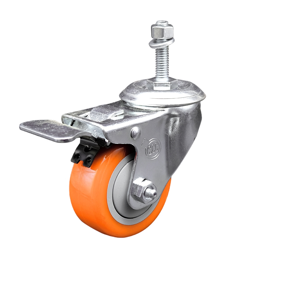 SCC-TSTTL20S3514-PPUB-ORG-381615 Polyurethane Swivel Threaded Stem Caster with 3.5 x 1.25 in. Orange Wheel & 0.38 in. Stem & Total Locking Brake