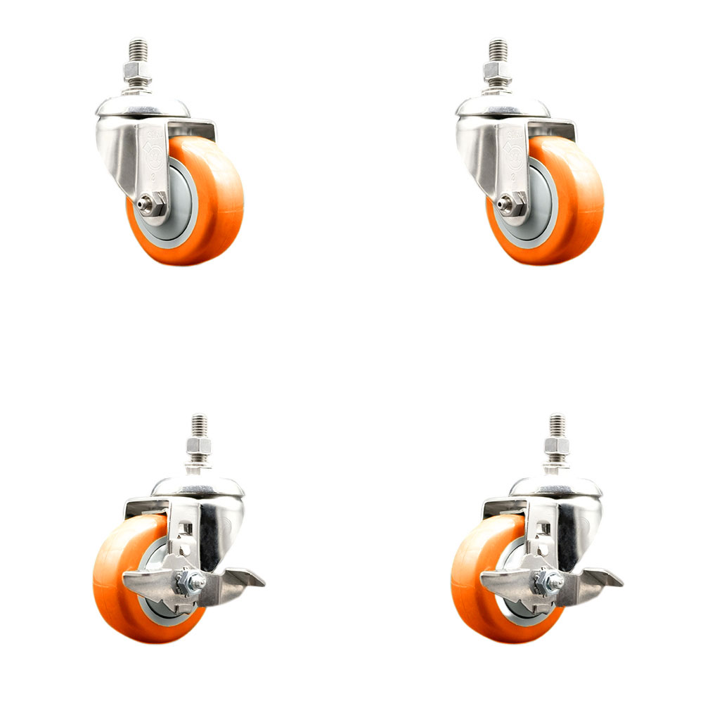 Poly Swivel Stem Caster with 3.5 in. Orange Caster Wheels, 0.5 in. Threaded Stems - 316 Stainless Steel Casters - Set of 4