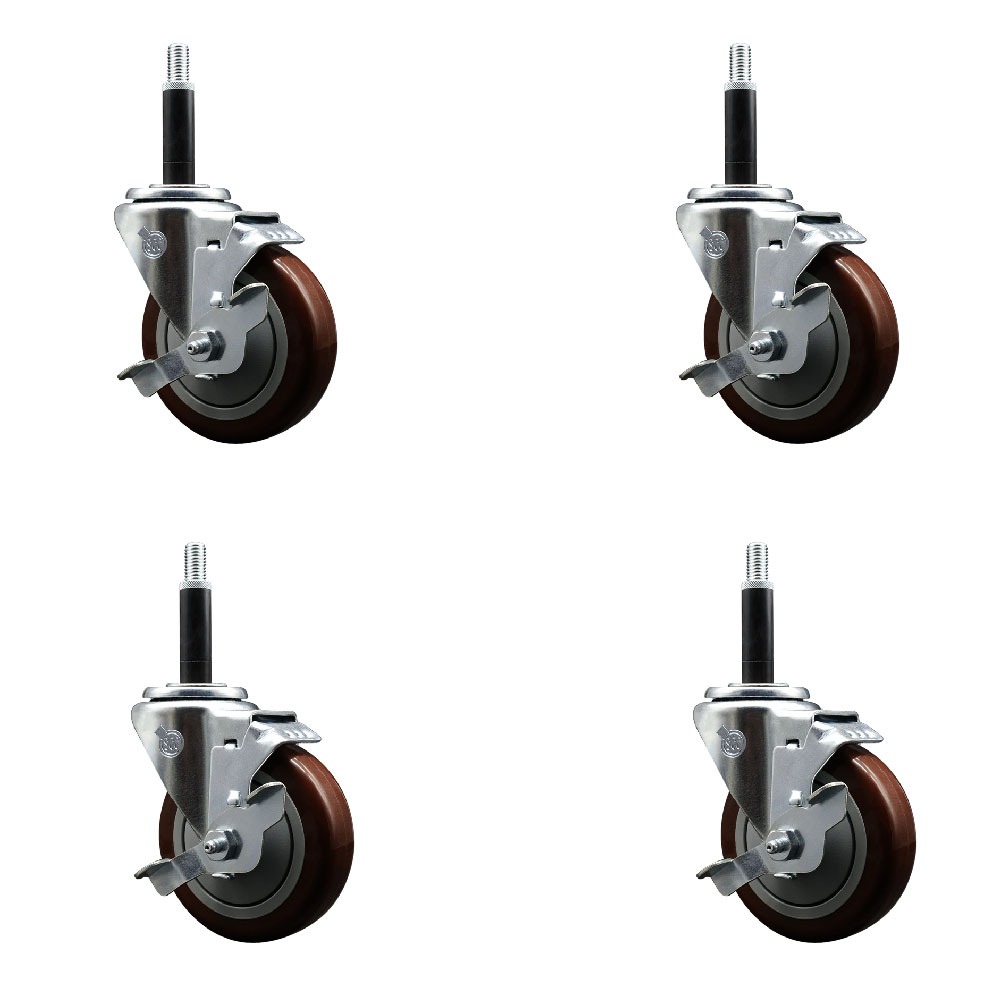 Stainless Steel Polyurethane Swivel Expanding Stem Caster with 4 in. Maroon Wheels & 0.75 in. Stems 4 Swivel with Top Locking Brakes - Set of 4