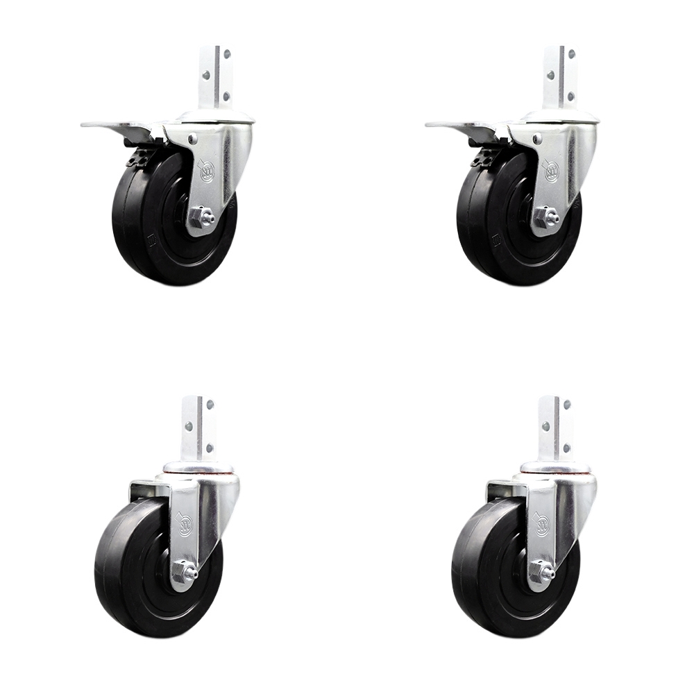 Swivel Square Stem Caster with 4 x 1.25 in. Black Soft Rubber Wheel, 0.75 x 2 in. Square Stem with 3 0.26 in. Diameter Mounting Holes - Set of 4