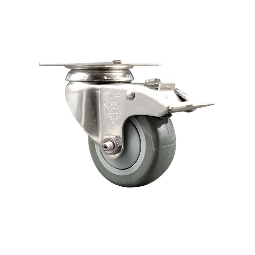 SCC-SS316TTL20S314-PPUB Polyurethane Swivel Top Plate Caster with 3 in. 316 Stainless Steel Gray Caster Wheel & Total Lock Brake