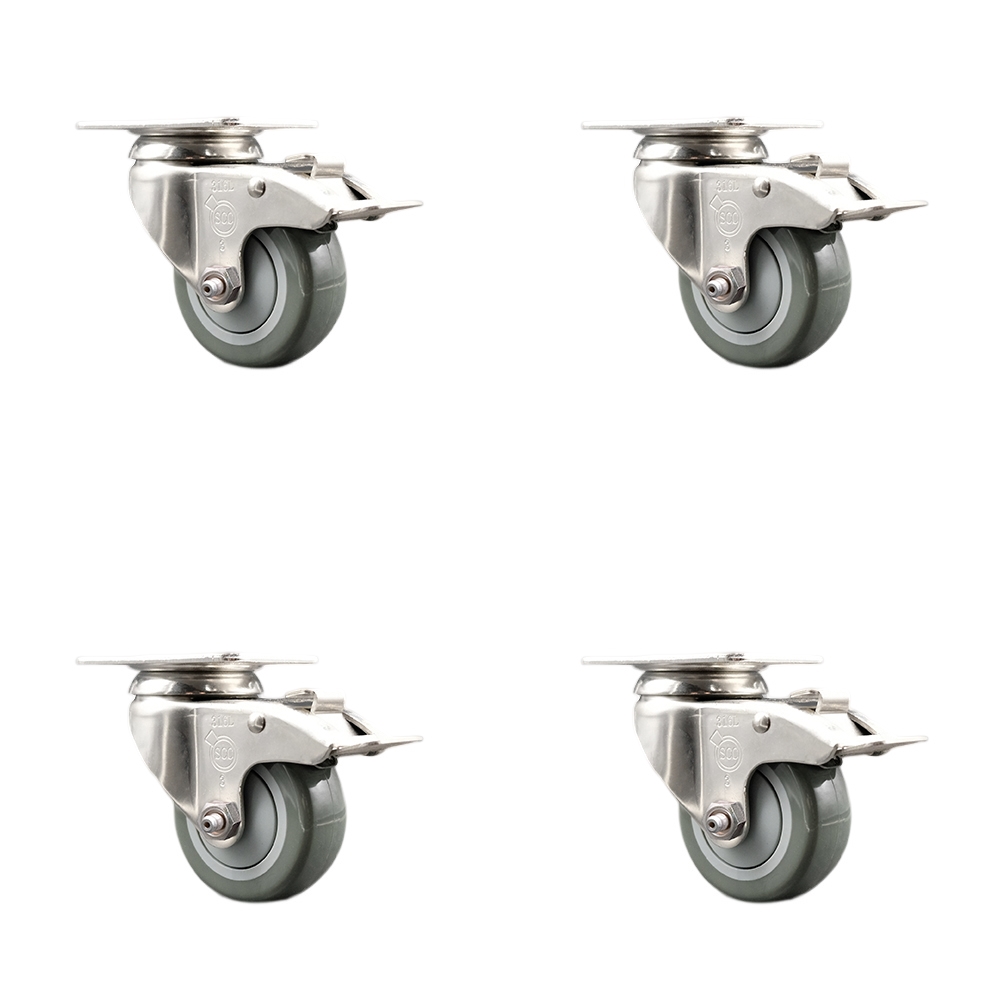 SCC-SS316TTL20S314-PPUB-4 Polyurethane Swivel Top Plate Caster with 3 in. 316 Stainless Steel Gray Wheels - Set of 4
