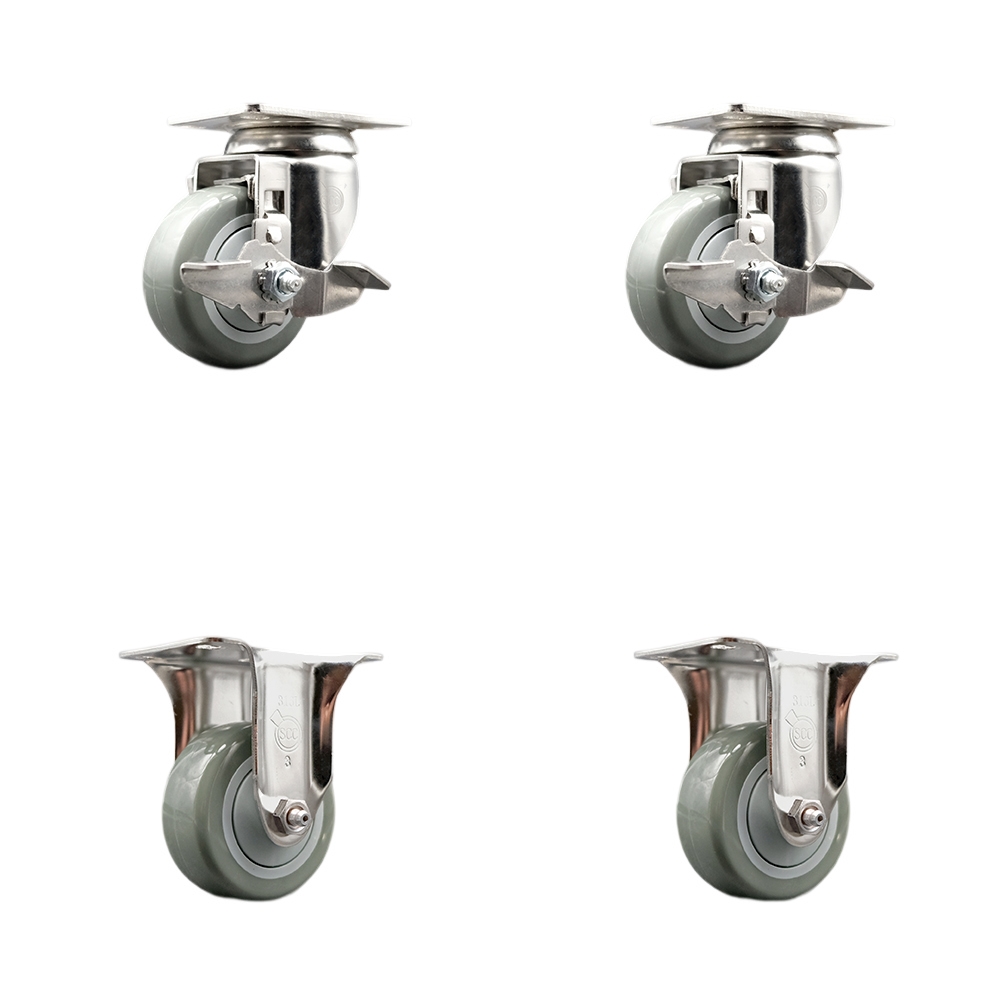 SCC-SS31620S314-PPUB-TLB-2-R-2 Polyurethane Swivel Top Plate Caster with 3 in. 316 Stainless Steel Gray Wheels - Set of 4