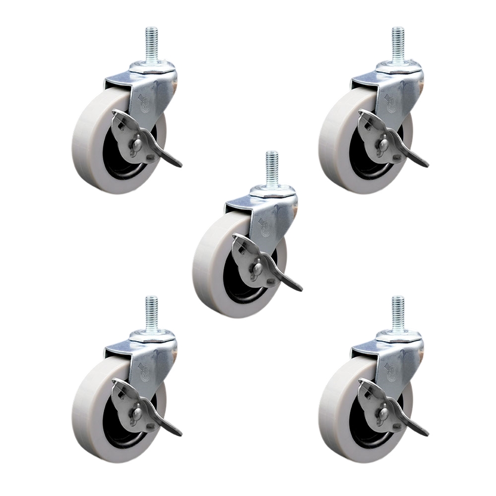 SCC-TS05S310-TPRS-SLB-M1015-5 3 in. Swivel Thermoplastic Rubber Caster Wheels with 10 mm 1.50 TPI x 1.5 in. Threaded Stem Caster & Brake - Set of 5