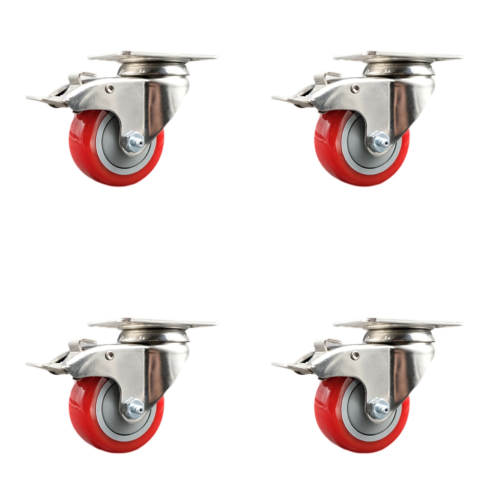 SCC-SS316TTL20S314-PPUB-RED-4 Polyurethane Swivel Top Plate Caster with 3 in. 316 Stainless Steel Red Wheels - Set of 4