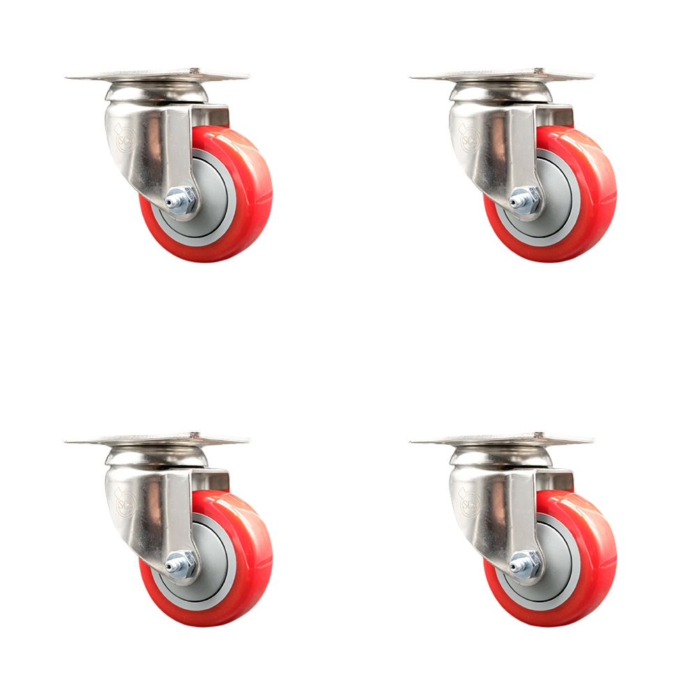 SCC-SS31620S3514-PPUB-RED-4 Polyurethane Swivel Top Plate Caster with 3.5 in. 316 Stainless Steel Red Wheels - Set of 4