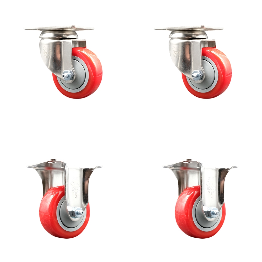 SCC-SS31620S3514-PPUB-RED-2-R-2 Polyurethane Swivel Top Plate Caster with 3.5 in. 316 Stainless Steel Red Wheels - Set of 4