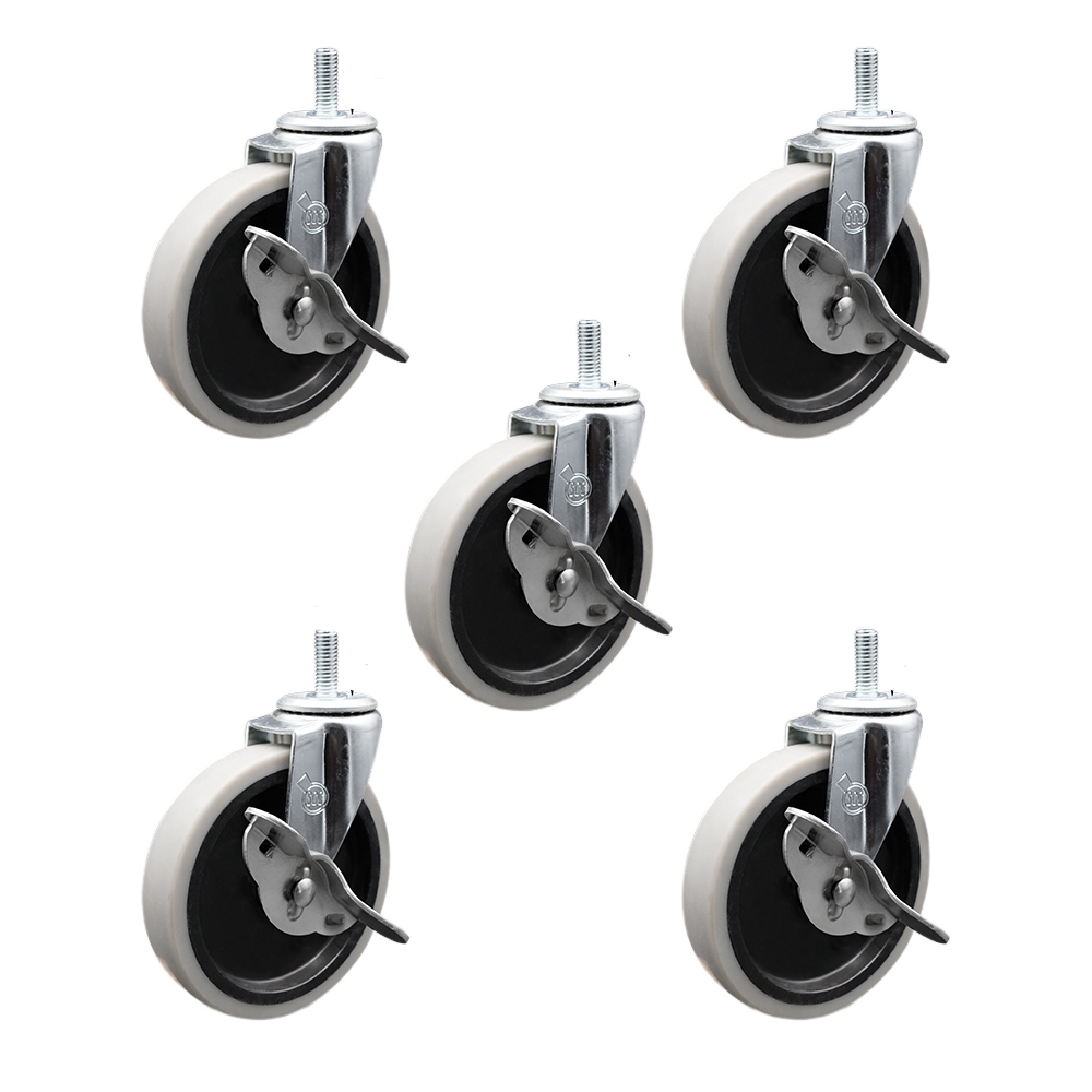 SCC-TS05S510-TPRS-SLB-M1015-5 5 in. Swivel Thermoplastic Rubber Caster Wheels with 10 mm 1.50 TPI x 1.5 in. Threaded Stem Caster & Brake - Set of 5
