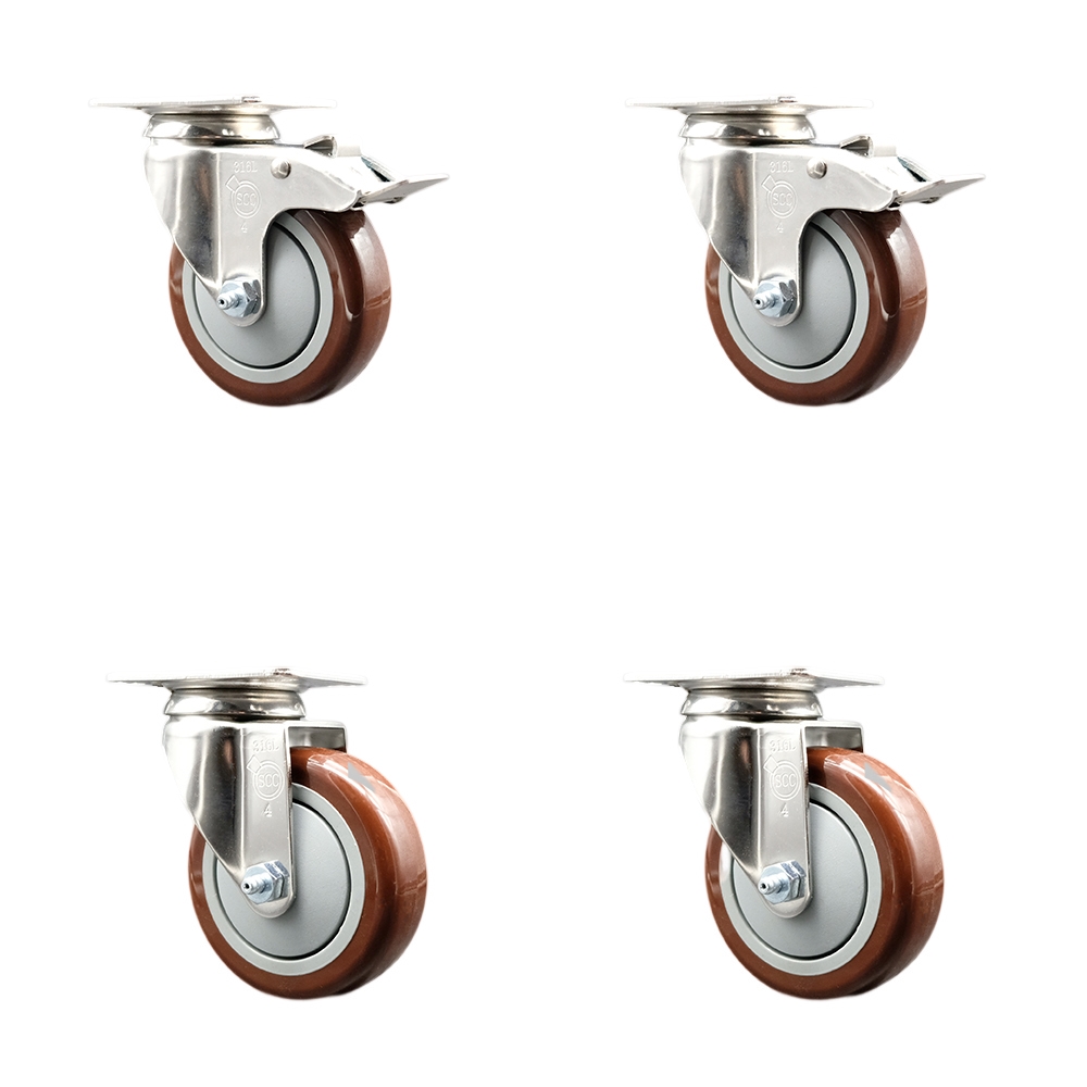 SCC-SS316TTL20S414-PPUB-MRN-2-S-2 Polyurethane Swivel Top Plate Caster with 4 in. 316 Stainless Steel Maroon Wheels - Set of 4