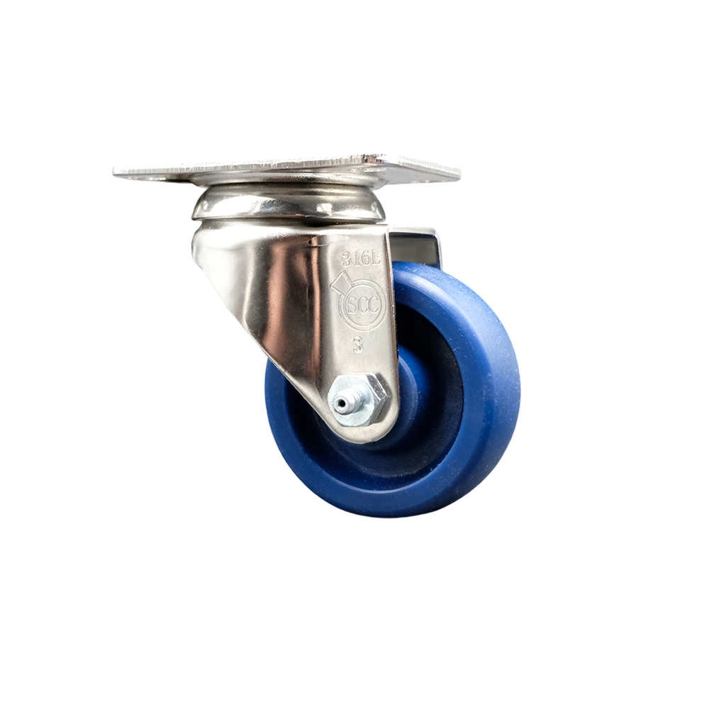 SCC-SS31620S3514-SPUS Solid Polyurethane Swivel Top Plate Caster with 3.5 in. 316 Stainless Steel Blue Caster Wheel